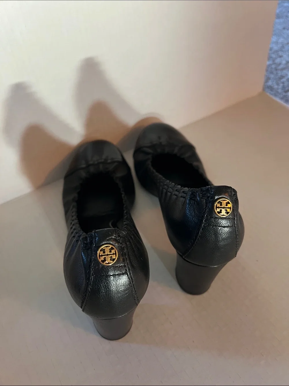 Tory Burch Black Ruched Leather Block Heel Pumps